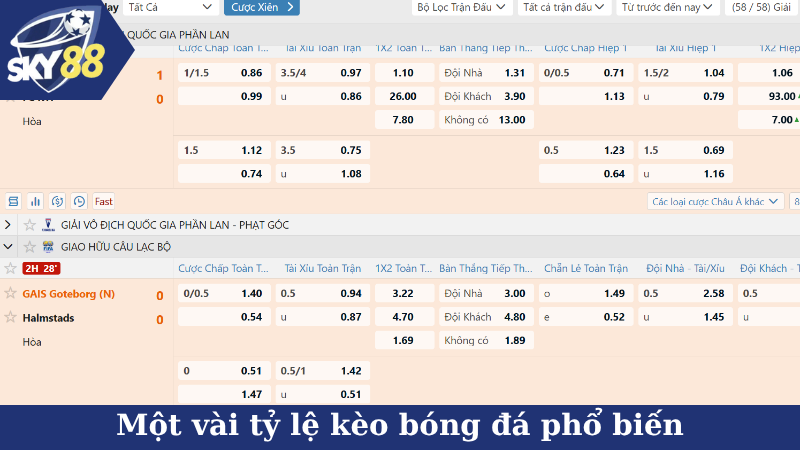 Một vài tỷ lệ kèo bóng đá phổ biến